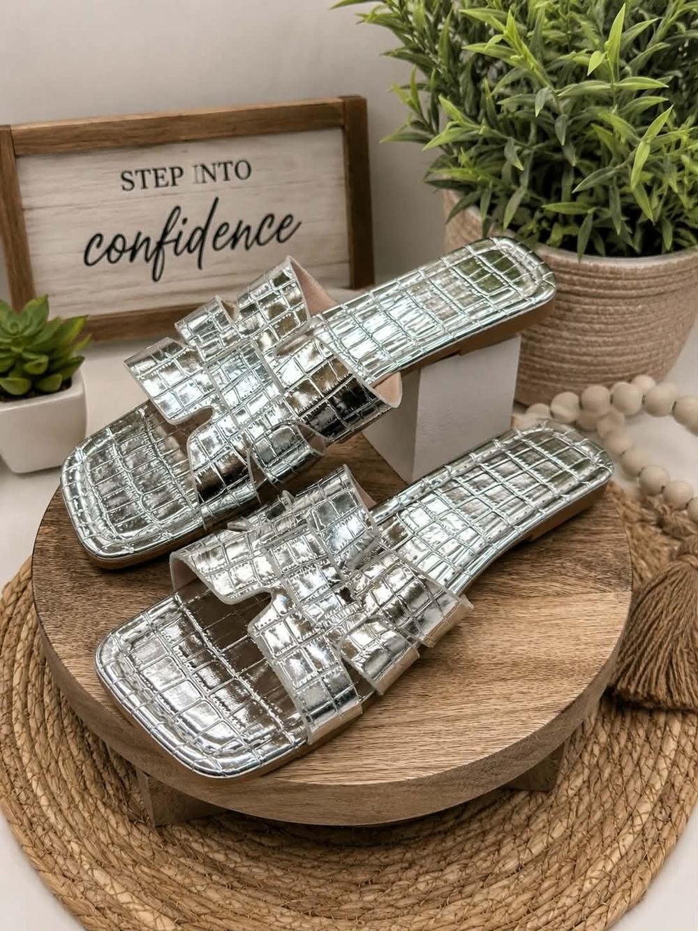 Metallic Silver Croc-Embossed Slide Sandals - Women